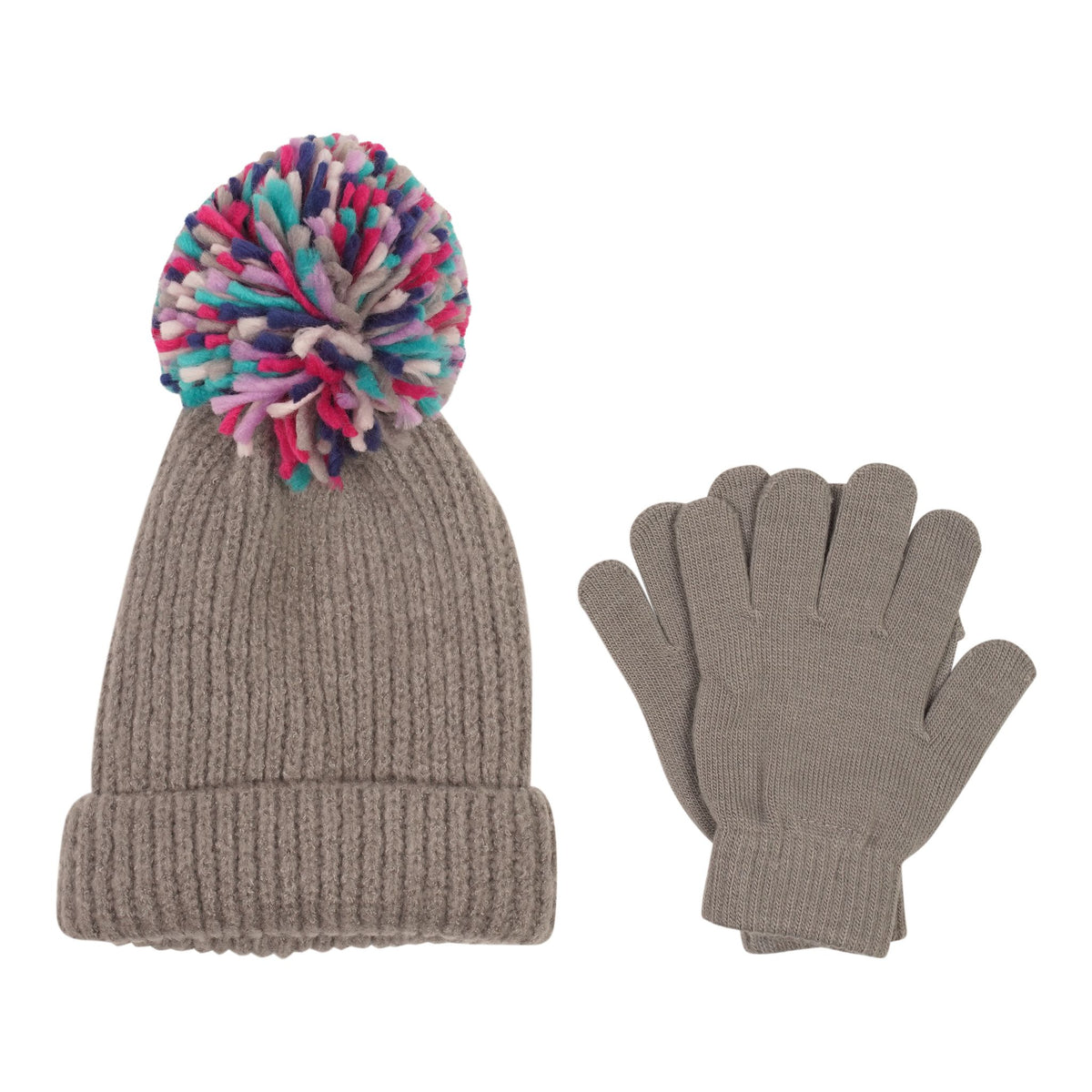 Oversized Pom Fuzzy Ribbed Knit Hat & Glove Set Denny's