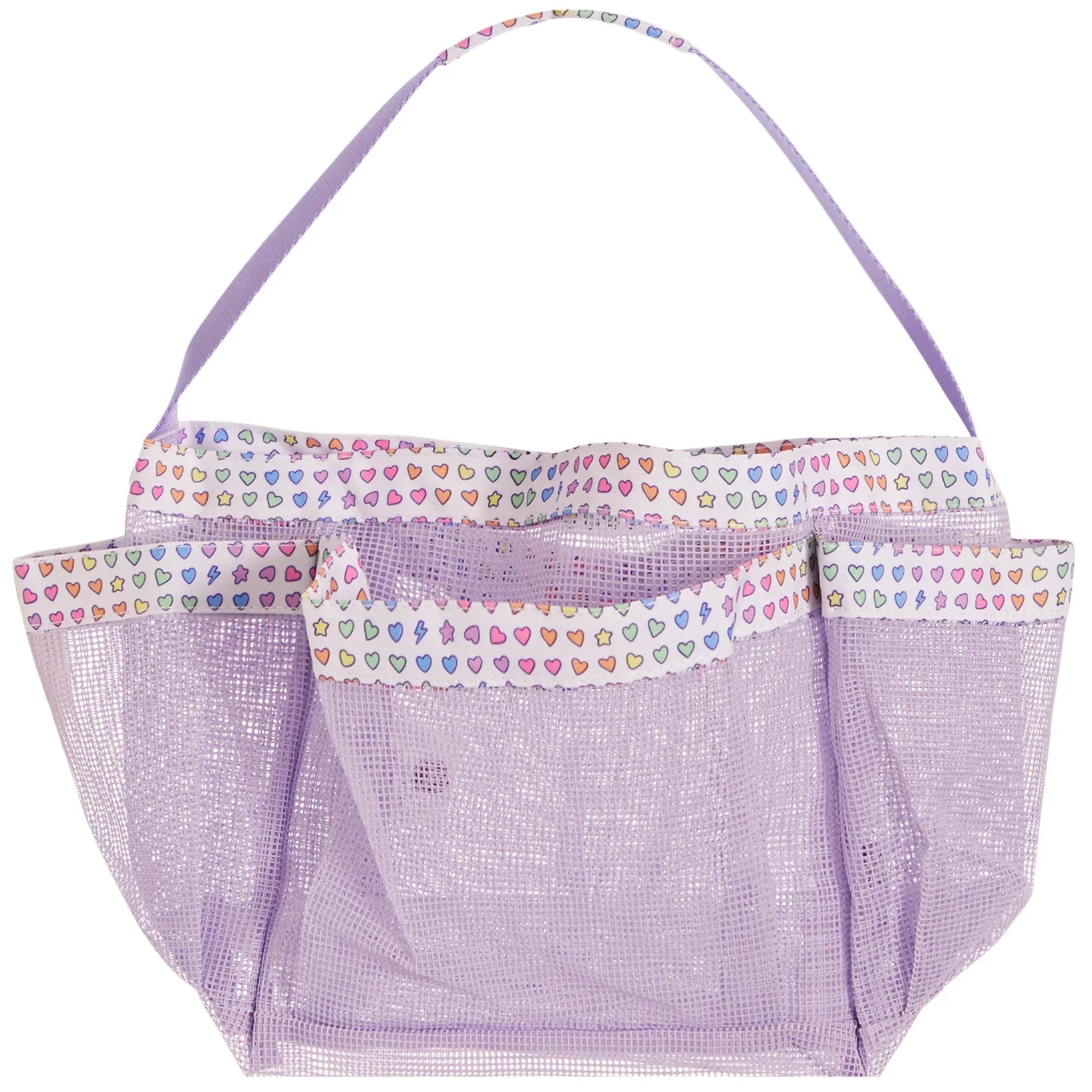 Purple shower caddy with hearts for camp
