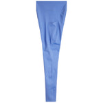 A pair of slim-fit trousers in a solid medium blue color, shown flat against a plain white background.