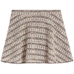 A structured A-line skirt in a black and beige tweed bouclé fabric with subtle multicolor flecks, shown flat against a white background.