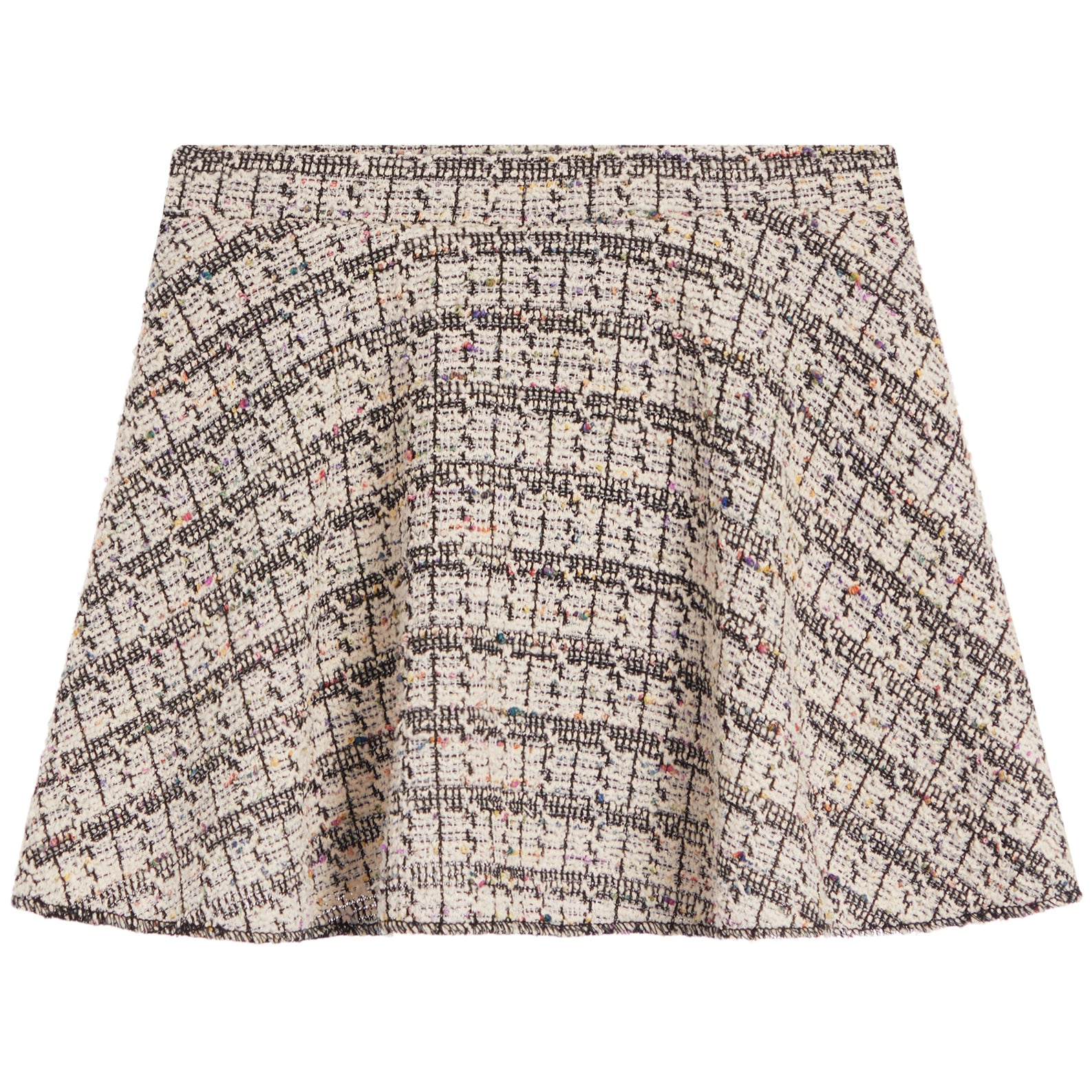 A structured A-line skirt in a black and beige tweed bouclé fabric with subtle multicolor flecks, shown flat against a white background.