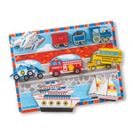 Children's puzzle with transportation-themed illustrations on a white background