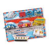 Children's puzzle with transportation-themed illustrations on a white background