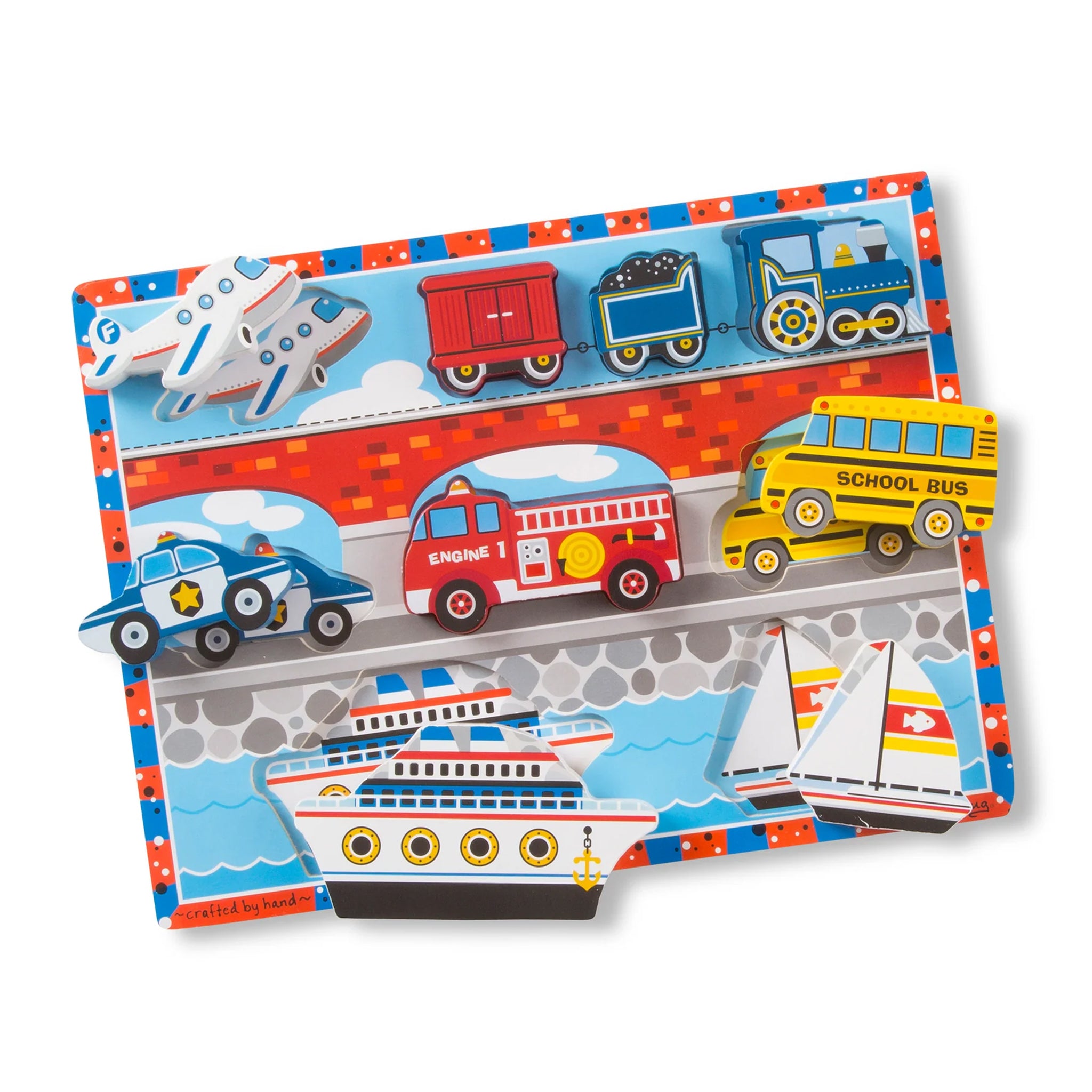 Children's puzzle with transportation-themed illustrations on a white background