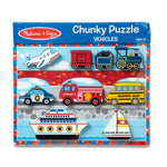 Melissa & Doug Chunky Puzzle Vehicles toy set in its original blue packaging box, featuring wooden puzzle pieces of various vehicles including an airplane, train, cars, bus, boat, and sailboat.