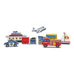 Set of colorful toy vehicles including a boat, train, airplane, and fire truck on a white background.