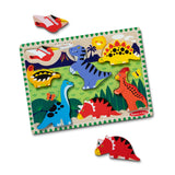 Wooden dinosaur puzzle with colorful pieces on a white background