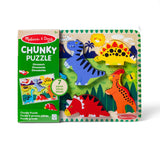 Melissa & Doug dinosaur puzzle with colorful wooden pieces on a white background