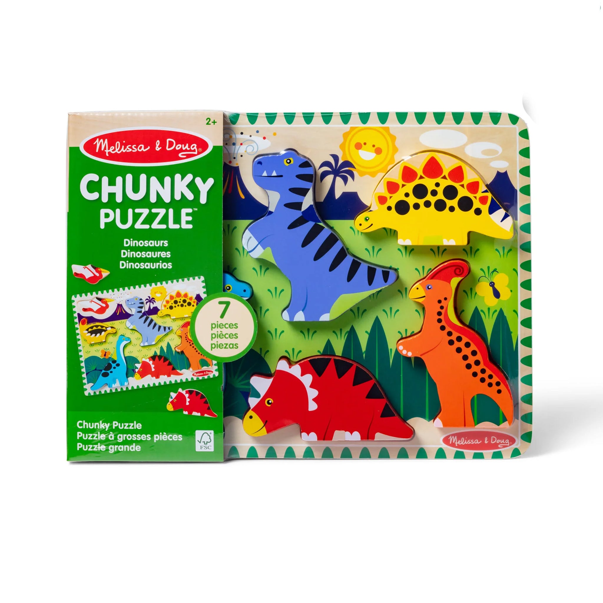 Melissa & Doug dinosaur puzzle with colorful wooden pieces on a white background