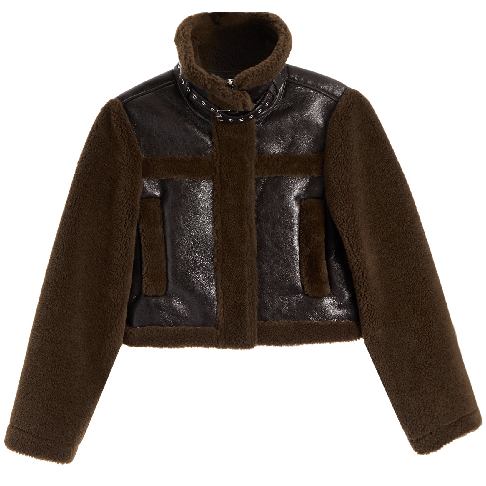 A cropped brown jacket featuring a dark brown faux-leather body with matching brown faux-shearling sleeves, collar, and trim, accented by silver studs on the collar.