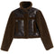 A cropped brown jacket featuring a dark brown faux-leather body with matching brown faux-shearling sleeves, collar, and trim, accented by silver studs on the collar.