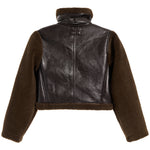 A cropped brown faux-leather jacket with dark brown fleece sleeves, collar, and hem, shown from the back on a white background.