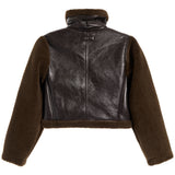 A cropped brown faux-leather jacket with dark brown fleece sleeves, collar, and hem, shown from the back on a white background.