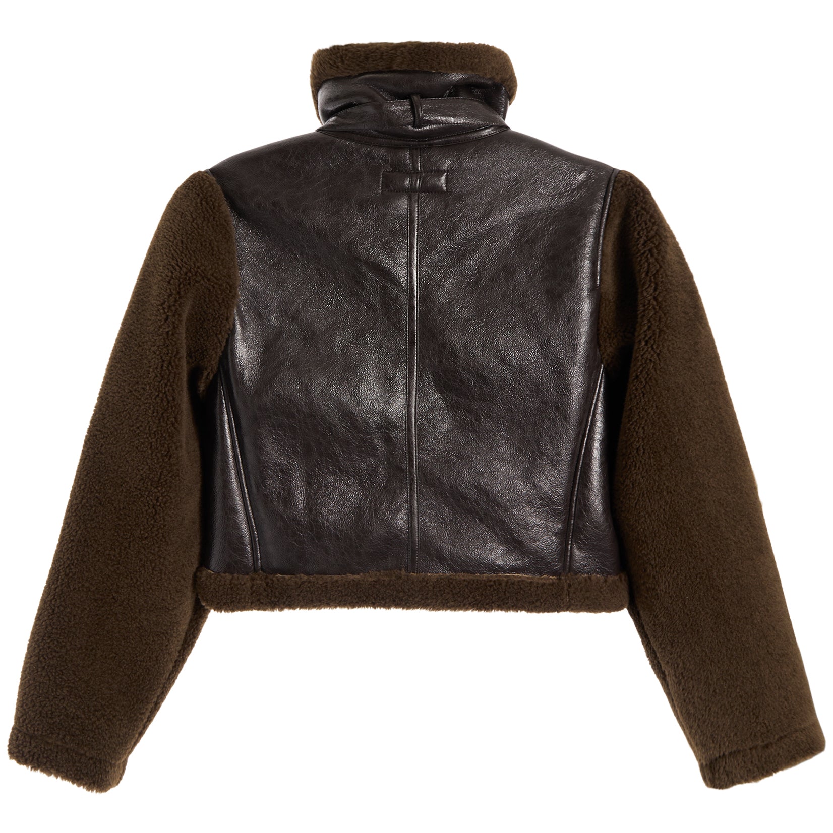 A cropped brown faux-leather jacket with dark brown fleece sleeves, collar, and hem, shown from the back on a white background.
