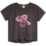 A vintage black short-sleeve t-shirt featuring a graphic print of pink lipstick and lipstick kiss marks on the front, displayed against a solid white background.