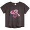 A vintage black short-sleeve t-shirt featuring a graphic print of pink lipstick and lipstick kiss marks on the front, displayed against a solid white background.