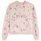 A light pink crewneck sweatshirt with a colorful paint splatter pattern in pink, purple, and blue, featuring the word 'LOVE' spelled out in rhinestones across the chest.