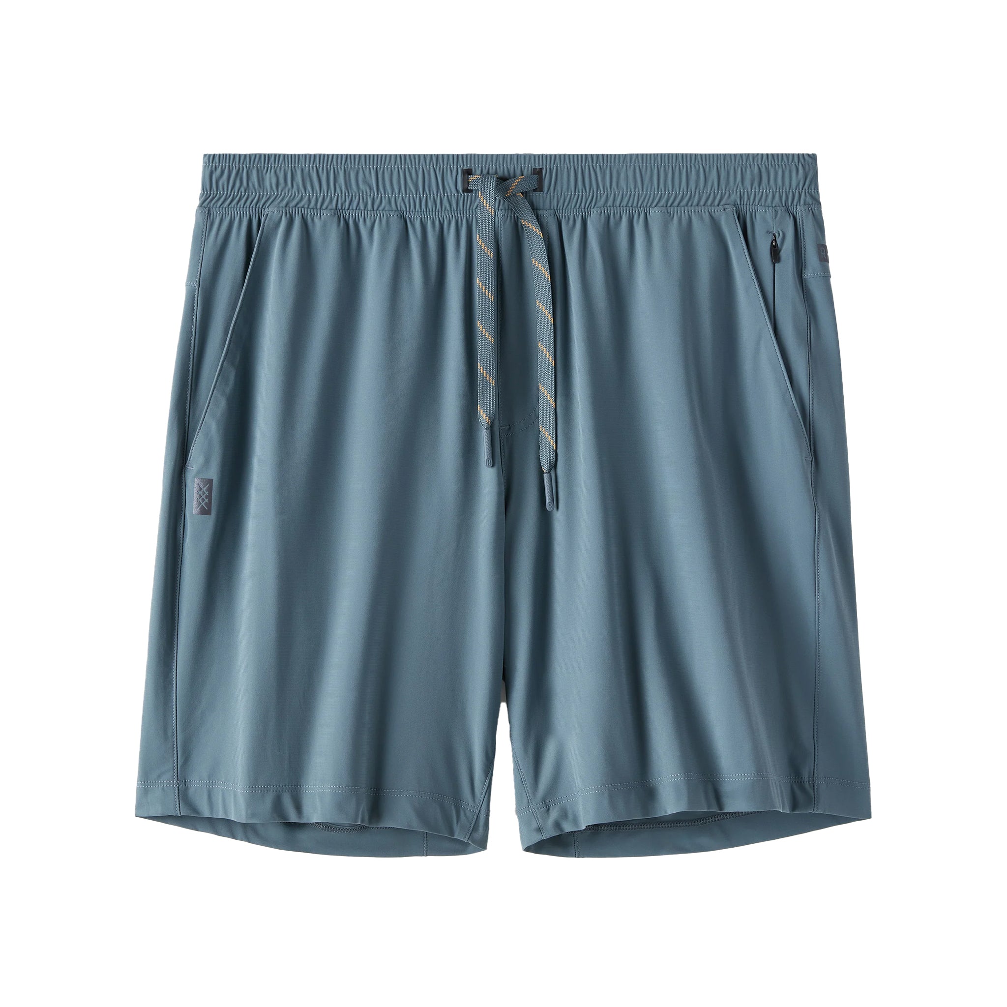 A pair of slate blue athletic shorts with an elastic waistband, a matching drawstring, and side pockets, shown against a plain white background.
