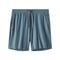 A pair of slate blue athletic shorts with an elastic waistband, a matching drawstring, and side pockets, shown against a plain white background.