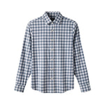 A long-sleeve button-up shirt with a blue and white gingham check pattern, displayed on a clean white background.