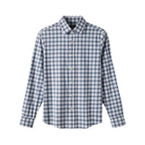 A long-sleeve button-up shirt with a blue and white gingham check pattern, displayed on a clean white background.