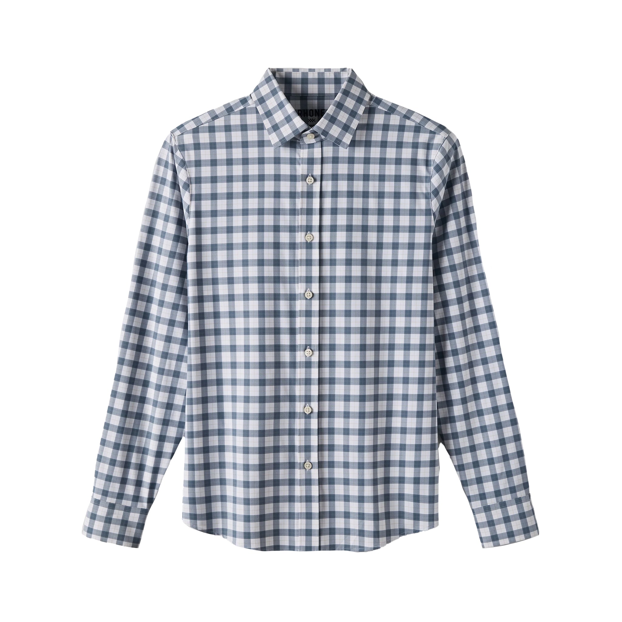 A long-sleeve button-up shirt with a blue and white gingham check pattern, displayed on a clean white background.