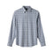 A long-sleeve button-up shirt with a blue and white gingham check pattern, displayed on a clean white background.