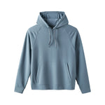 A light blue-gray pullover hoodie with a kangaroo pocket and drawstrings, shown flat against a solid white background.