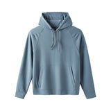 A light blue-gray pullover hoodie with a kangaroo pocket and drawstrings, shown flat against a solid white background.