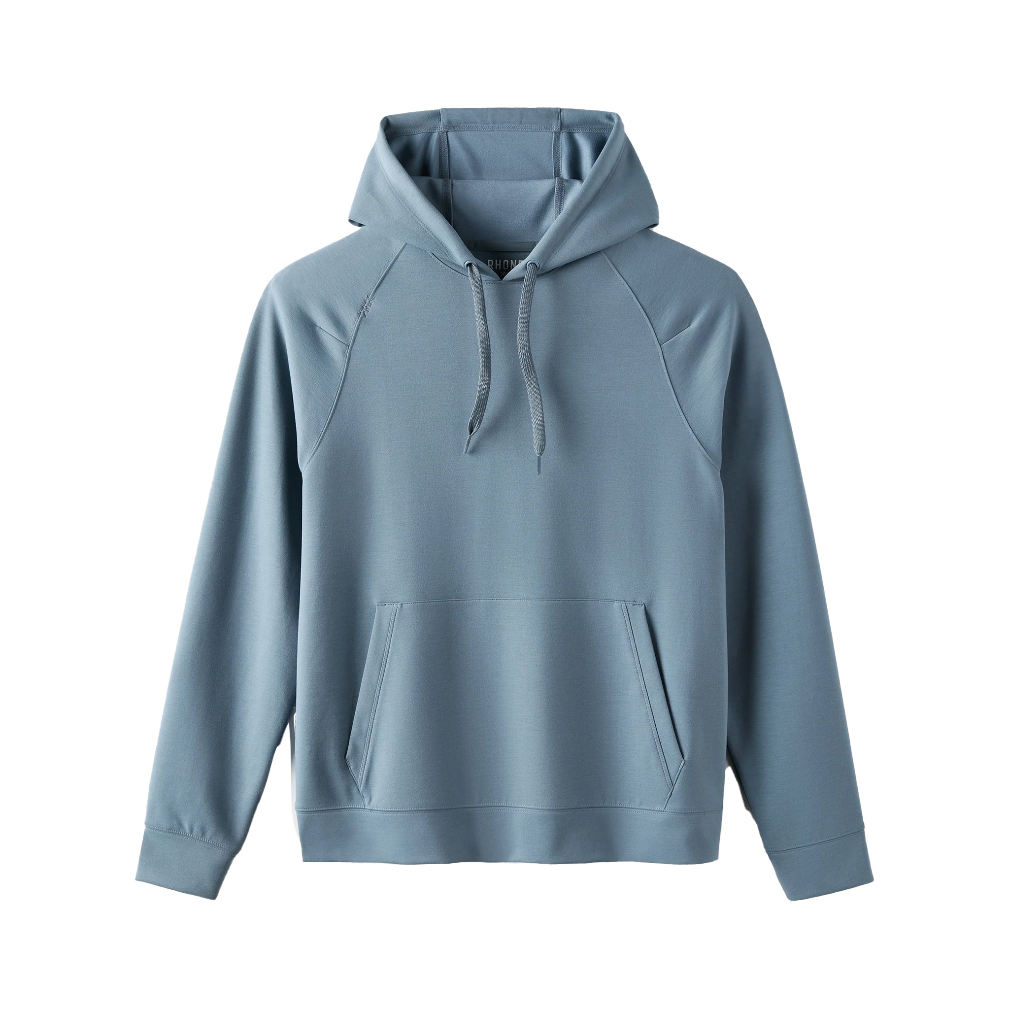A light blue-gray pullover hoodie with a kangaroo pocket and drawstrings, shown flat against a solid white background.