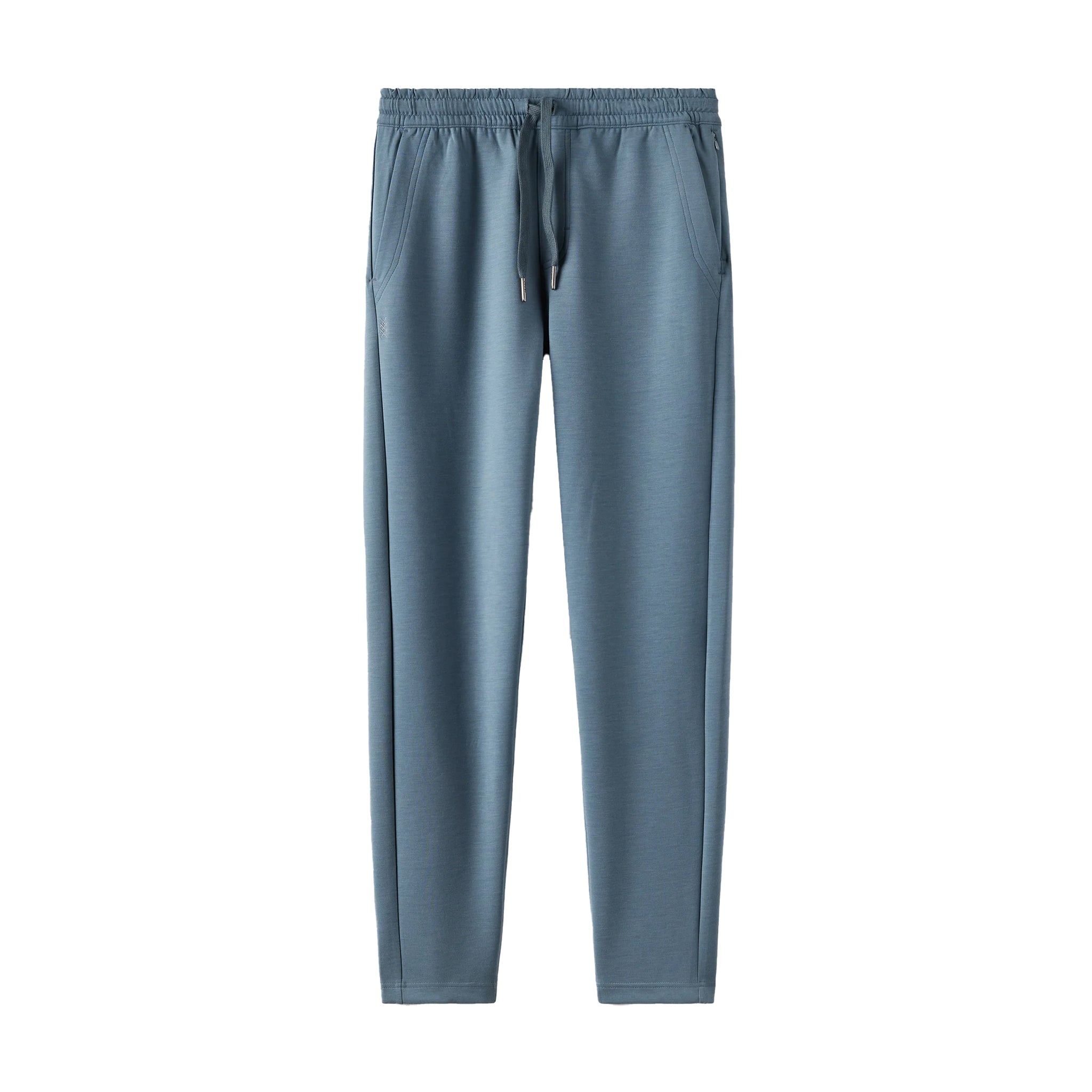 A pair of men's lounge pants in a dusty slate blue color, featuring an elastic waistband with a matching drawstring and side pockets, shown against a plain white background.