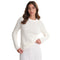 A woman modeling a chalk-colored, long-sleeve ribbed knit sweater against a solid white background.