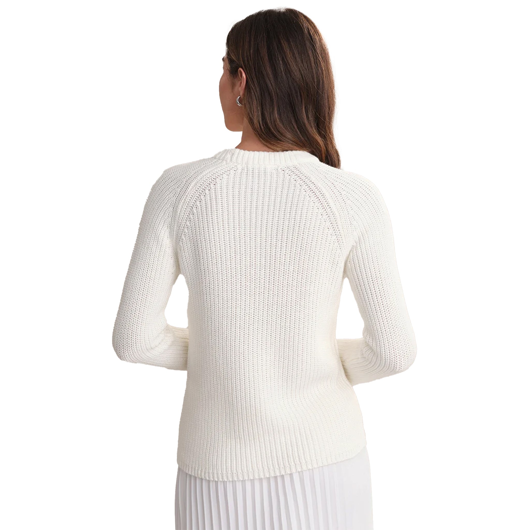 A woman shown from the back wearing a chalk-colored ribbed knit sweater and a white pleated skirt against a plain white background.