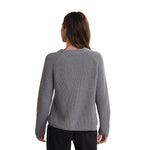 A woman viewed from the back wearing a gray ribbed knit sweater and dark jeans against a plain white background.
