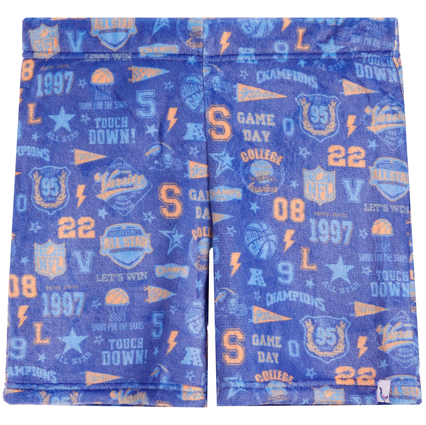 A pair of blue athletic shorts featuring a vibrant collegiate sports print with orange and light blue text, numbers, and logos including 'Game Day', 'Champions', and NFL shield emblems.