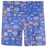 Blue athletic shorts with an all-over NFL-themed print featuring orange and light blue text, numbers, stars, and logos, including 'Touch Down!' and 'Let's Win!'.