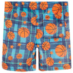 Blue and teal plaid toddler shorts with an orange basketball print, featuring a back pocket and a center back opening.