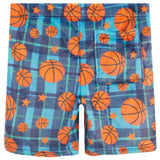 Blue and teal plaid toddler shorts with an orange basketball print, featuring a back pocket and a center back opening.