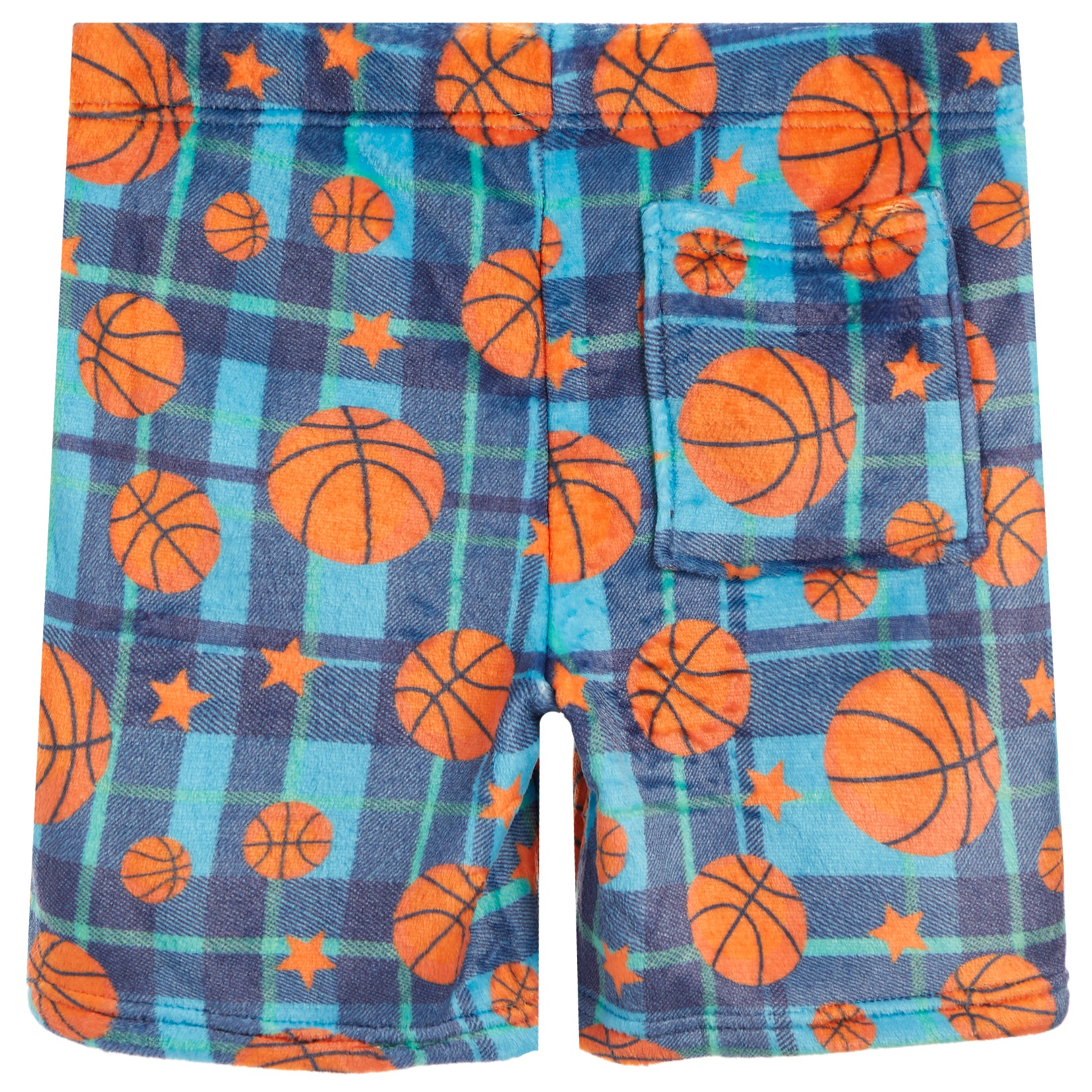 Blue and teal plaid toddler shorts with an orange basketball print, featuring a back pocket and a center back opening.
