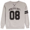 A light heather gray crewneck sweatshirt featuring a black varsity-style graphic with the text 'ATHLETIC DEPT.' and the number '08' on the front, plus two black stripes on the right sleeve.