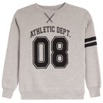 A light heather gray crewneck sweatshirt featuring a black varsity-style graphic with the text 'ATHLETIC DEPT.' and the number '08' on the front, plus two black stripes on the right sleeve.