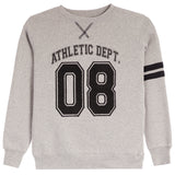 A light heather gray crewneck sweatshirt featuring a black varsity-style graphic with the text 'ATHLETIC DEPT.' and the number '08' on the front, plus two black stripes on the right sleeve.