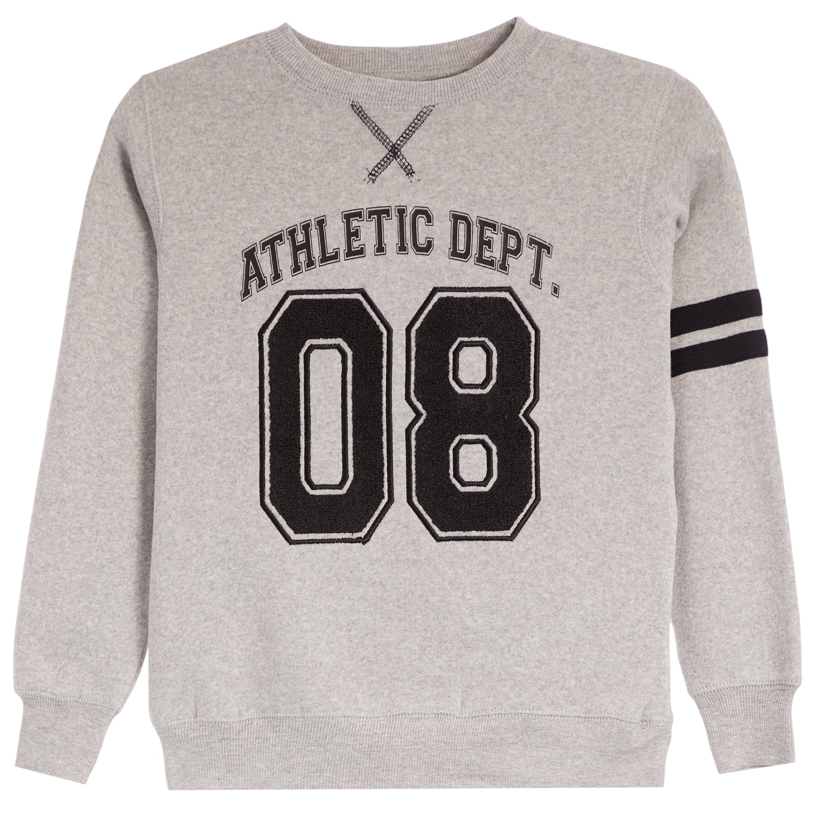 A light heather gray crewneck sweatshirt featuring a black varsity-style graphic with the text 'ATHLETIC DEPT.' and the number '08' on the front, plus two black stripes on the right sleeve.