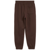 A pair of dark brown sweatpants with an elastic waistband, a side pocket, and elastic cuffs, shown against a plain white background.