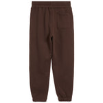 A pair of dark brown sweatpants with an elastic waistband, a side pocket, and elastic cuffs, shown against a plain white background.