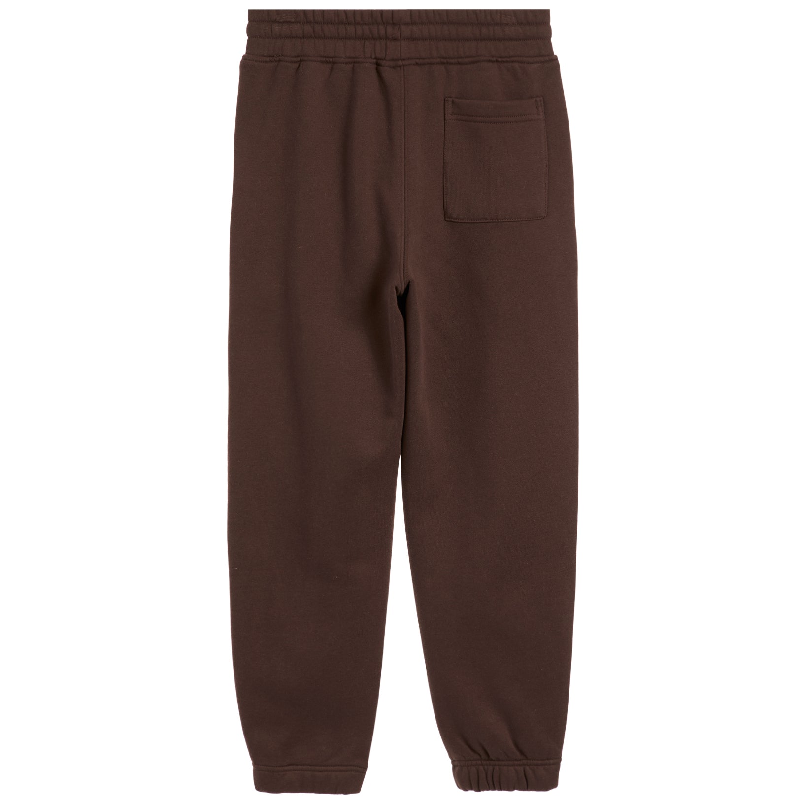 A pair of dark brown sweatpants with an elastic waistband, a side pocket, and elastic cuffs, shown against a plain white background.