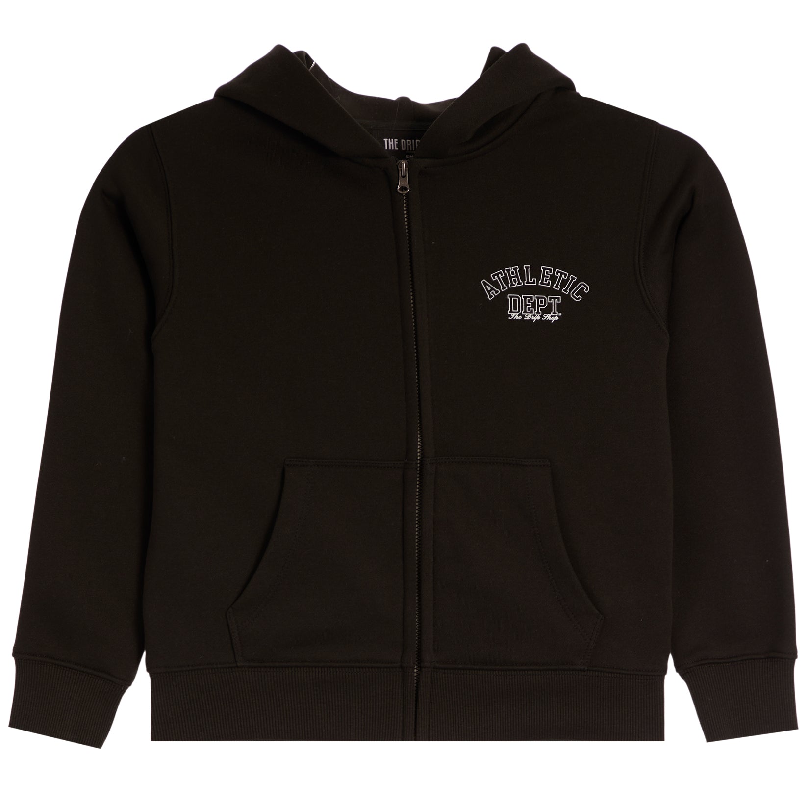 A black zip-up hoodie with a small white embroidered 'ATHLETIC DEPT' logo on the left chest, displayed against a solid white background.