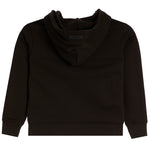 A black hooded sweatshirt shown from the back, featuring a wide draped hood, long sleeves with ribbed cuffs, and a ribbed hem, photographed against a solid white background.