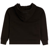 A black hooded sweatshirt shown from the back, featuring a wide draped hood, long sleeves with ribbed cuffs, and a ribbed hem, photographed against a solid white background.