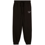 Black sweatpants with an elastic waistband, drawstring, side pockets, and elastic cuffs, featuring a small white graphic on the upper left thigh.